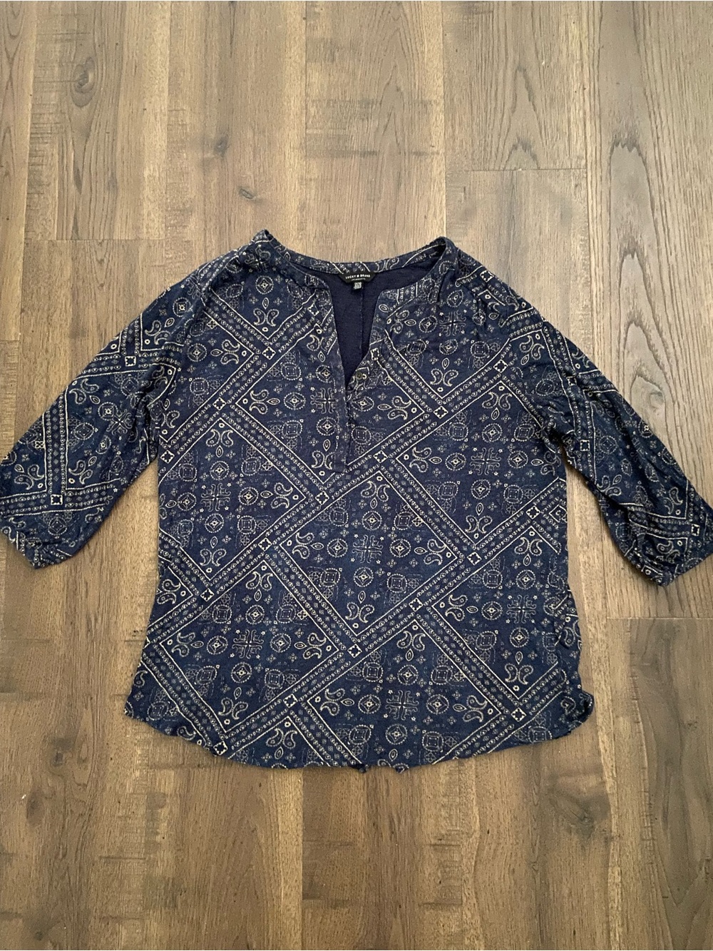 Lucky Brand Navy Bohemian Bandana-Print Split-Neck Blouse